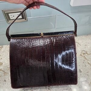 Vintage Sterling Genuine Crocodile Embossed Leather Top Handle Handbag Brown‎